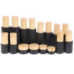Black Frosted Glass Cream Bottle Cosmetic Lotion Spray Bottles Empty Refillable Jars with Wood Grain Plastic Lids