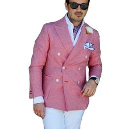 Double Breasted Pink Men Suits Slim Fit for Wedding Prom 2 Piece Groom Tuxedo with White Pants New Male Fashion Costume 2021 X0909