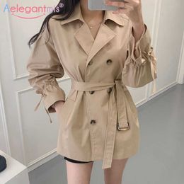 Aelegantmis Vintage Office Lady Trench Coat Women with Belt Loose Solid Double Breasted Windbreaker Black Outerwear Korean Chic 210607