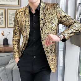Luxury Gold Striped Print Blazer Street Casual Mens Slim Suit Jackets Nightclub Prom Dresses Evening Dress Sleek Suits Jacket M-5x