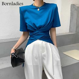 Bornladies 2021 Summer Chic Short Sleeve Women Solid T-shirts Female Stylish Slim Waist Loose O-neck Tops Shirts Ladies Tees X0628