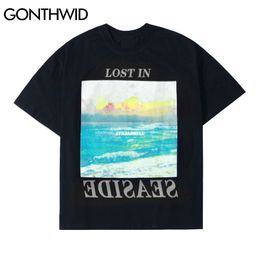 GONTHWID Tshirts Harajuku Lost In Seaside Landscape Print Casual Cotton Tees Shirts Streetwear Hip Hop Short Sleeve Loose Tops C0315