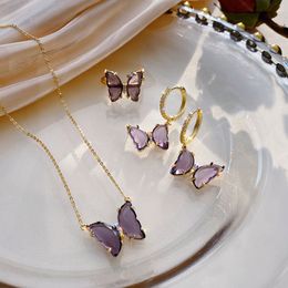 purple butterfly necklace earrings Canada - Korean Super Fairy Purple Zircon Butterfly Necklace Ring Set Net Red Sweet Earrings Personalized New