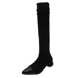 Boots 2022 Pointed Toe Women's Over The Knee Sock Rhinestone Heel Knitting Elastic Slim Female Thigh High Flat