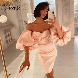 VC All Trendy Pink Mini Dress Sexy Off Shoulder Puff Sleeves Design Celebrity Party Club Satin Vestido 210719