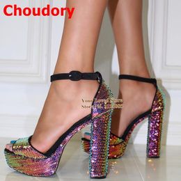 Sandals Choudory Hologram Iridescent Bling Sequined Chunky Heel Platform Paillette Glitter Wedding Shoes Dress Pumps 46