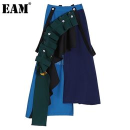 [EAM] High Waist Blue Irregular Patchwork Pleated Long Half-body Skirt Women Fashion Tide New Spring Autumn 1DD1485 210310