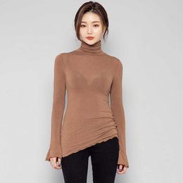 Sexy fashion Women short Transparent Skinny T shirt turleneck long Sleeve Sheer Shirt Ladies Tees backing under 210608