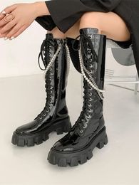 Lace Up Women Knee High Boots For Women Genuine Leather Chunky Heel Punk Metal Decoration Round Toe Flats Platform Female Heels