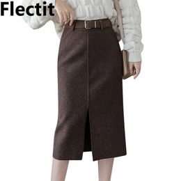 Flectit Women Wool Pencil Skirt With Belt Front Split High Waist Midi Length Warm Skirt Autumn Winter Ladies Outfits * 210310