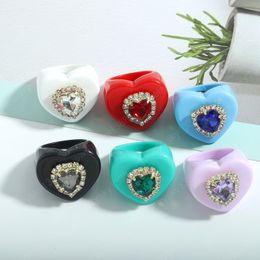 INS Trendy Colourful Shiny Rhinestone Heart Rings Korean Resin Acrylic Love Heart Rings for Women Party Jewellery