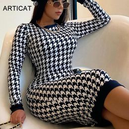 Casual Dresses Houndstooth Hollow Out Dress Women Black O-neck Long Sleeve Bodycon Ladies Spring Skinny Partywear Vestidos