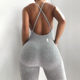 Summer Women Sexy Sport Knitted Jumpsuit Streetwear Skinny Bodycon Backless Solid Jumpsuits Romper Playsuit For Women 210317