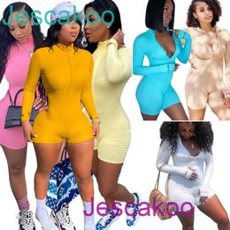 Jumpsuits For Women Elastic Thread Slim Rompers Long Sleeve Mini Shorts One-piece Clothes With Zipper Bodysuit Ladies The New Listing