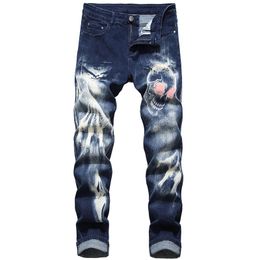 Men Jeans Straight Slim Elastic Cool Stylish Fashion Print Regular Fit Distressed Denim Pants