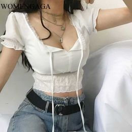 Summer White French Retro Girl Wind Lace Strappy Square Collar Short Sleeve High Waist Shirt Sexy Womens E156 210603