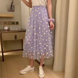 Summer 2021 Daisy Print Purple Skirt Female Long High-Waisted A- Line Skirt Elastic Street Wear 210309