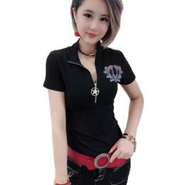 Polo Shirt Women Summer Short Sleeve Appliques Embroidery Cotton Slim Zipper Top t-shirt Clothes Camiseta Mujer T93728 210315