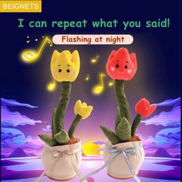 Romantic Dancing Tulip Toy Repeat Talking Electronic Plush Toys With 60 English Songs Record Light Early Education For Kids Gift