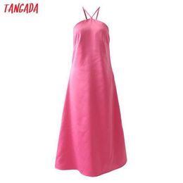 Tangada Women Solid pink Halter Backless Dress Strap Sleeveless Fashion Lady Party Dresses Vestido 1D252 210609