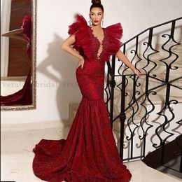 Karakou Algerien Red Prom Dress Mermaid Cap Sleeves Evening Formal Dresses 2021 Lace Appliques Celebrity Occasion Prom Gown