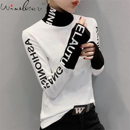 Fall Winter European Clothes Tshirt Chic Patchwork Letter Thick Broshed Long Sleeve Brushed Cotton Tops Tees T00514A 220217