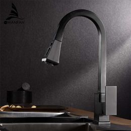 Kitchen Faucets Silver Pull Out Tap Single Hole Handle Solid Brass Black Swivel 360 Degree Water Mixer 866399R 211108