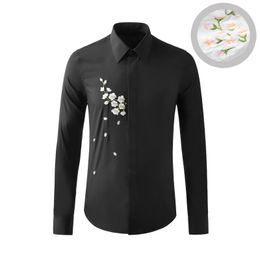 Men's Casual Shirts Cherry Blossom Embroidery Long Sleeve Slim Business Formal Dress Social Party Tuxedo Blouse Chemise Homme