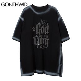 GONTHWID T-Shirts Rhinestones Letters Tie Dye Casual Loose Tshirts Streetwear Hip Hop Harajuku Short Sleeve Tees Fashion Tops C0315