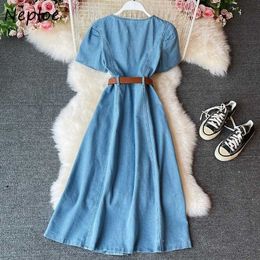 Neploe Square Collar Sexy Clavicle Exposed Denim Dress Women High Waist Hip Sashes A Line Long Vestidos Summer Short Sleeve Robe Y0603