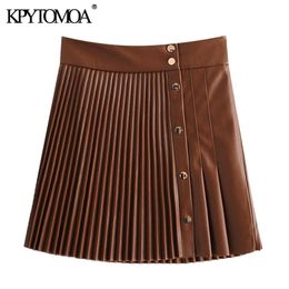 KPYTOMOA Women Chic Fashion Pleated Faux Leather Mini Skirt Vintage With Metal Snap Buttons Female Skirts Mujer 210309