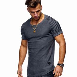 2021 new short-sleeved solid Colour men's t-shirt pleated shoulder jacquard stripes Slim T-shirt men's casual sports wild T-shirt G1222