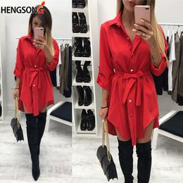 Casual Dresses Irregular Tie Waist Shirt Dress Women Autumn Wrap Long Sleeve Turn Down Collar Army Green Red Short