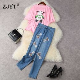 High Street Fashion Summer Casual Outfits Women Designers Cartoon Loose T Shirt and Bead Jeans Pants Suit 2 Piece Clothing Set 210601