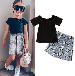 2021 Toddler Kids Clothing set Baby Girl Short Sleeve Black Top T-shirt Zipper Snakeskin print Skirts Outfits Clothes 2PCS Summer