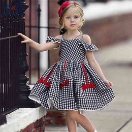 Summer Girls Dress Brand Plaid Bow Lace Sling Sleeve Student Party Princess Kids Children's Clothing 210611