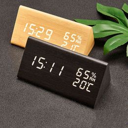 USB Alarm Clock Wooden Display Temperature And Humidity Table Voice Control Timer s Desktop 211111