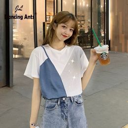 Women T-Shirts O-Neck Short Sleeve Korean Loose Tops Summer Female Casual Colorblock Patchwork Student Tee False Two Piece T200616