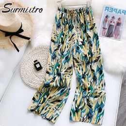 SURMIITRO Ice Silk Summer Print Long Wide Leg Pants Women Loose Korean Style Loose Floor Length High Waist Trousers Female 210712