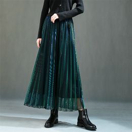 Summer Discolour Shine Gradient Pleated Long Gauze Skirt Metallic A-line Elegant Gradient Purple Green Maxi Long Mesh Skirts 210315