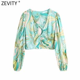 Zevity Women Vintage Totem Floral Print Short Shirt Lady V Neck Front Hole Pleats Blouse Roupas Chic Slim Crop Blusa Tops LS9399 210603