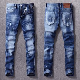 Italian Style Fashion Men Jeans High Quality Retro Blue Elastic Slim Fit Ripped Vintage Designer Destroyed Denim Pants