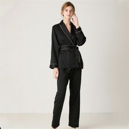 Pajamas Set Women's Silk Long Sleeve Robes with Pants High-grade Womens Solid Color Lace Two-piece Pjs Women 210830