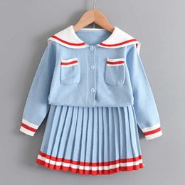 New 2021 Girls Casual Navy Knit Suit Spring And Autumn Baby Girl Knitted Cardigan + Pleated Skirt One-piece Delivery TZ0050 X0803