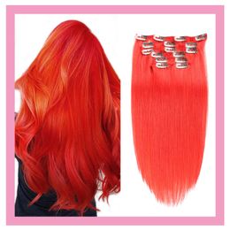 Indian Human Hair Extensions Clip In Red Pure Color Red Clips On Hair Products Clips On Red 70g 100g 14-24inch