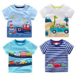 Summer 2-10T Children'S Birthday Clothing Dinosaur Car Striped Print Short Sleeve Basic Tops Cartoon T Shirt For Kids Boy 210701