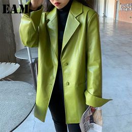 [EAM] Loose Fit Green Pu Leather Big Size Leisure Jacket Lapel Long Sleeve Women Coat Fashion Spring Autumn 1X496 211109