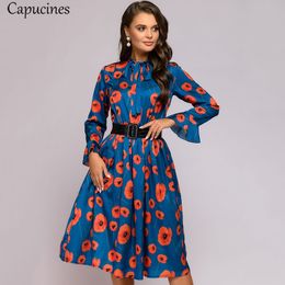 Capucines Bow Tie Flare Sleeve Printed Dress For Women Elastic Waist A Line Vintage Midi Dresses Autumn Clothes(NO Belt) 210309
