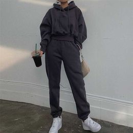 Hoodies Suit Solid Casual Tracksuit Women Fleece 2 Pieces Set Sports Sweatshirts Pullover Home Sweatpants Outfits Track Sweatsuit 211202