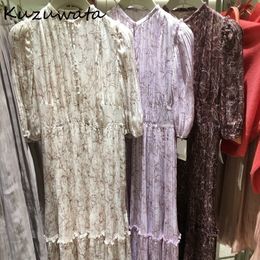 Kuzuwata 2021 Spring Summer Sweet Flower Print Dresses Chic Drawstring Pleated Women Dress High Waist Imitation Silk Vestidos 210316